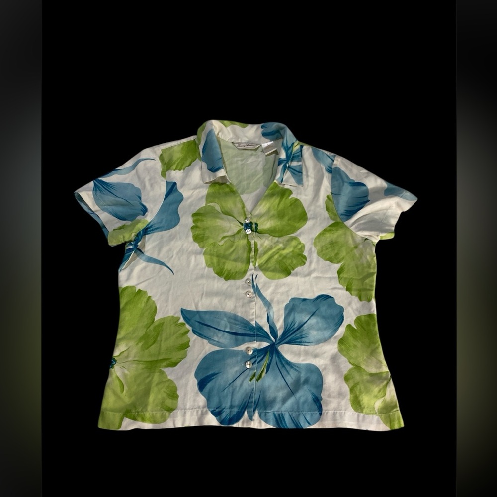 Vintage 90s Tommy Bahama 100% Silk Hawaiian Shirt Medium Blue Green Floral Soft